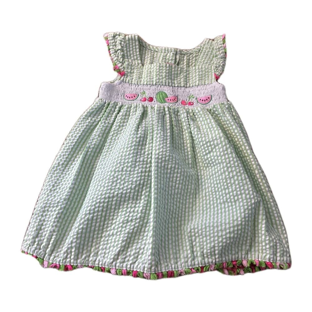 Vintage Smocked Seersucker Watermelon Dress Girls Sze 4T Retro Summer Bows Beach